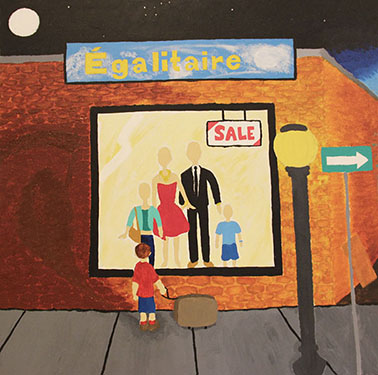 Artwork showing a youth standing alone on the street looking at a window display presenting a family: mother, father and two children.